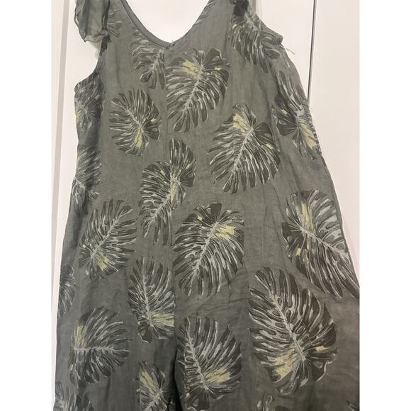 Women’s Small 100% Linen Olive Print Wide Jumpsuit Shoulder Bows Boho Lagenlook - Picture 7 of 16